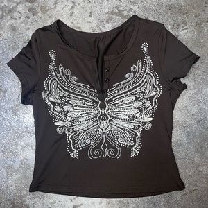 Y2k Butterfly Print Button Crop Top Emmiol